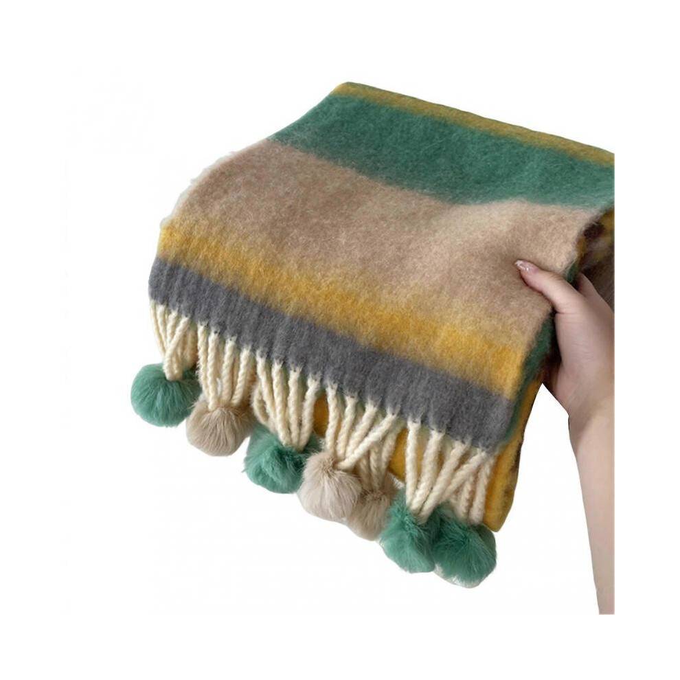 (F) Women Scarf Rainbow Color Striped Scarf with Plush Balls Tassel Winter Thickened Warm Couple Scarf Versatile Wear