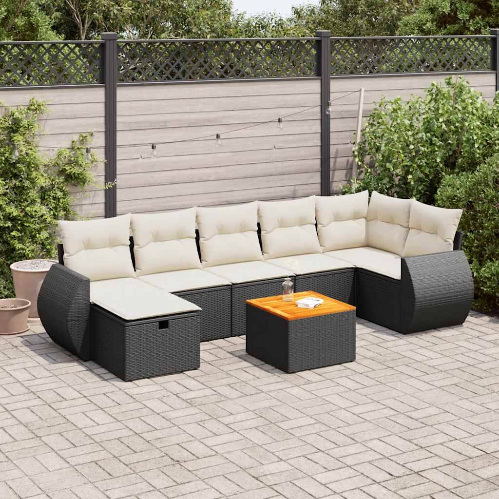 Havesofasæt 8 Dele Med Hynder Polyrattan - Sort og cremefarvet / bord 3x midterdel 3x hjørnedel fodskammel
