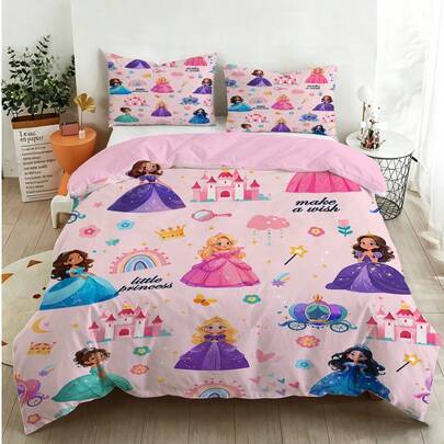 2/3-delat Little Princess-bäddset med rosa sagamönster, slott, regnbåge, vagn, blomkrans och trollspö, täckeöverdrag och örngott för flickrum (Twin/Fu - Multifärgad (135*200,150*200,200*200,203*229cm,220*240,229*229,264*229,90*200,160*210,173*229,180*210,140*210)