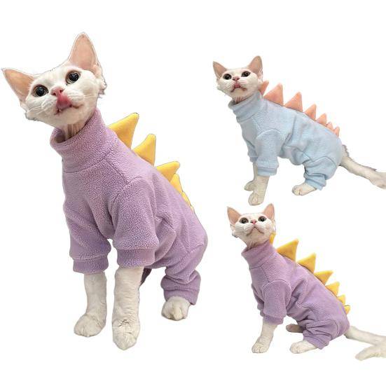Dinosaurie Kattkläder Vinter Sphynx Katt Pyjamas Kostym Mjuk Fleece Varm Kattjacka för Inomhus Hårlösa Katter violett