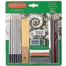 Derwent Academy Set med Blyertspennor för att Skissa och Rita, Set med 12 Delar, Nybörjarset, Pennor i Hårdhetsgrad H till 6B med Pennvässare, Perfekt för Skisser, Professionell Kvalitet, 2300365