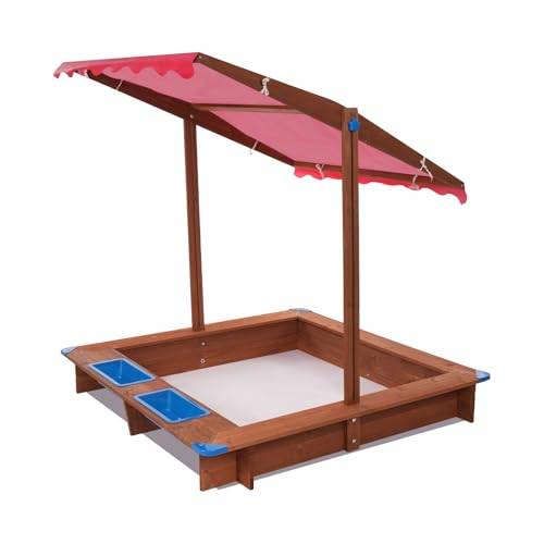 OUKANING Sandlåda med lock 126 x 121 x 118 cm – sandlåda med lock barnsandlåda träsandlåda med soltak för trädgården (röd)