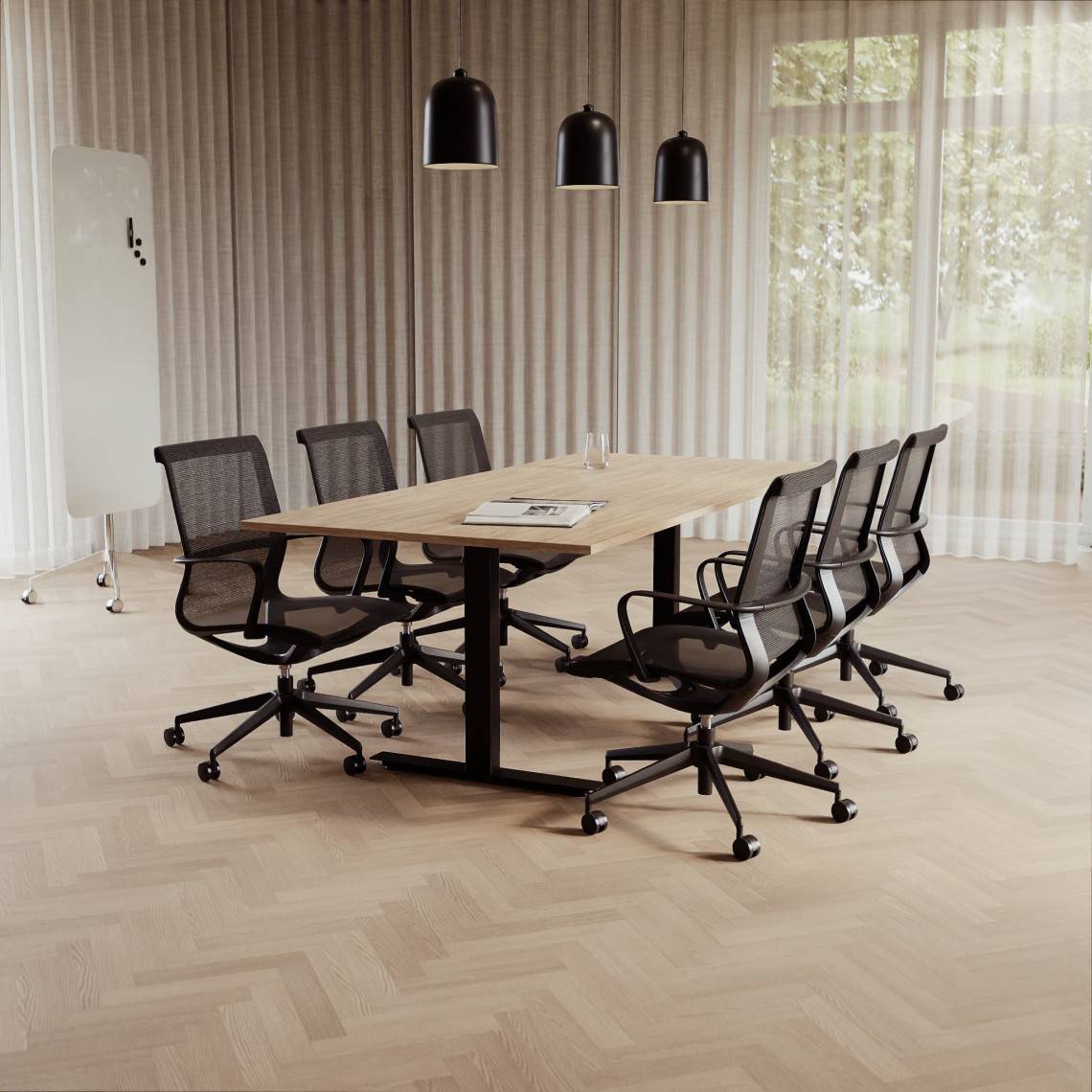 Konferencesæt Modul + Ergo 285, Størrelse 6 pladser (220 cm), Bordplade Eg, Understel Sort, Stol Sort.