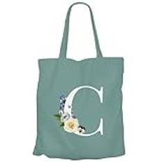 Tote Bag shoppingväska i canvas - Chloe Clara Clémence Charlotte bokstav alfabetet förnamn blommor, turkos, Taille unique