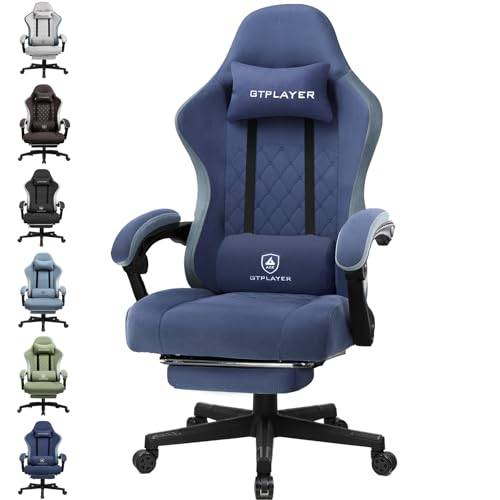 GTPLAYER Spelstol i tyg med fotstöd, dator- och skrivbordsstol med fjäderkudde, hemmakontorstol, ergonomiskt högt ryggstöd, korsryggsstöd, kraftig, bred, marinblå