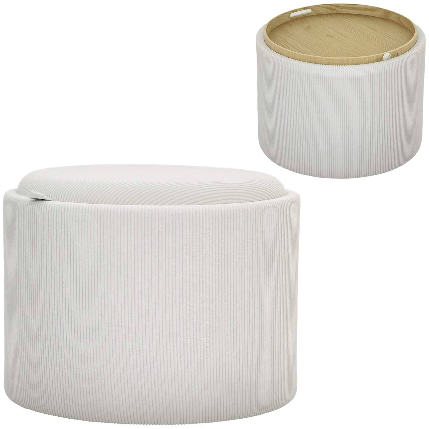 Pall med förvaringsutrymme pall med lock, rund fotpall stoppad pall soffbord med sladdlook 56 x 56 x 42 cm krämvit |