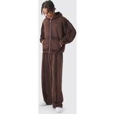 Mens Brown Oversized Boxy Zip Through Loopback Hoodie And Wide Jogger Tracksuit