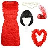 I Love Fancy Dress Ltd Flapper-dräkt för kvinnor. Röd klänning med fransar i 1920-talsstil med matchande paljetter och huvudbonad med 20-tals-charlestonfjäder XXL (EU 46/48)