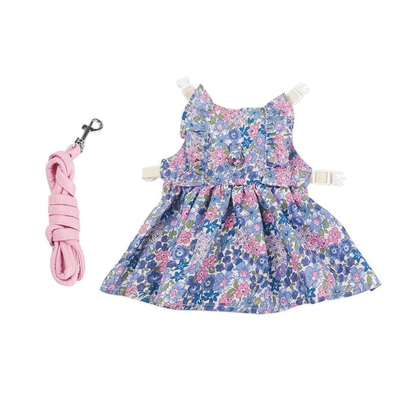Floral Cotton Dress & Harness Set for Rabbits & Small Pets - Floral Blue / S-suit 0.5-1.0kg / SPC (S-suit 0.5-1.0kg)