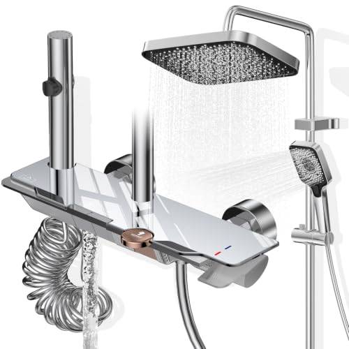 Wiorhix duschpelare med blandare, duschset med XXL 31,5 cm regnduschmunstycke, kontrollpanel i pianostil med 4 funktioner, justerbar höjd (83–110 cm) — För badkar och badrum