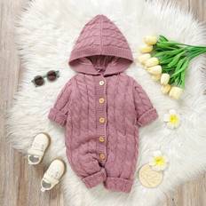 Baby Girl Klassisk kabelstickad långärmad huva, varm och moderiktig. Enkel All-Match Jumpsuit, mångsidig och söt, bekväma och bedårande vinterkläder, - Rosa (6-9M,9-12M,12-18M,1-3M,3-6M)