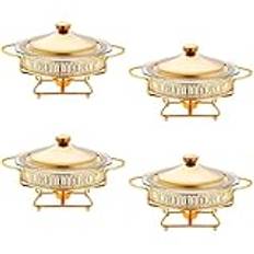 Buffévärmare Chafers set 4-pack – rund guld skavning skål bufféset, med glasbrickor för fester och bröllop – silver buffévärmare set för middagar