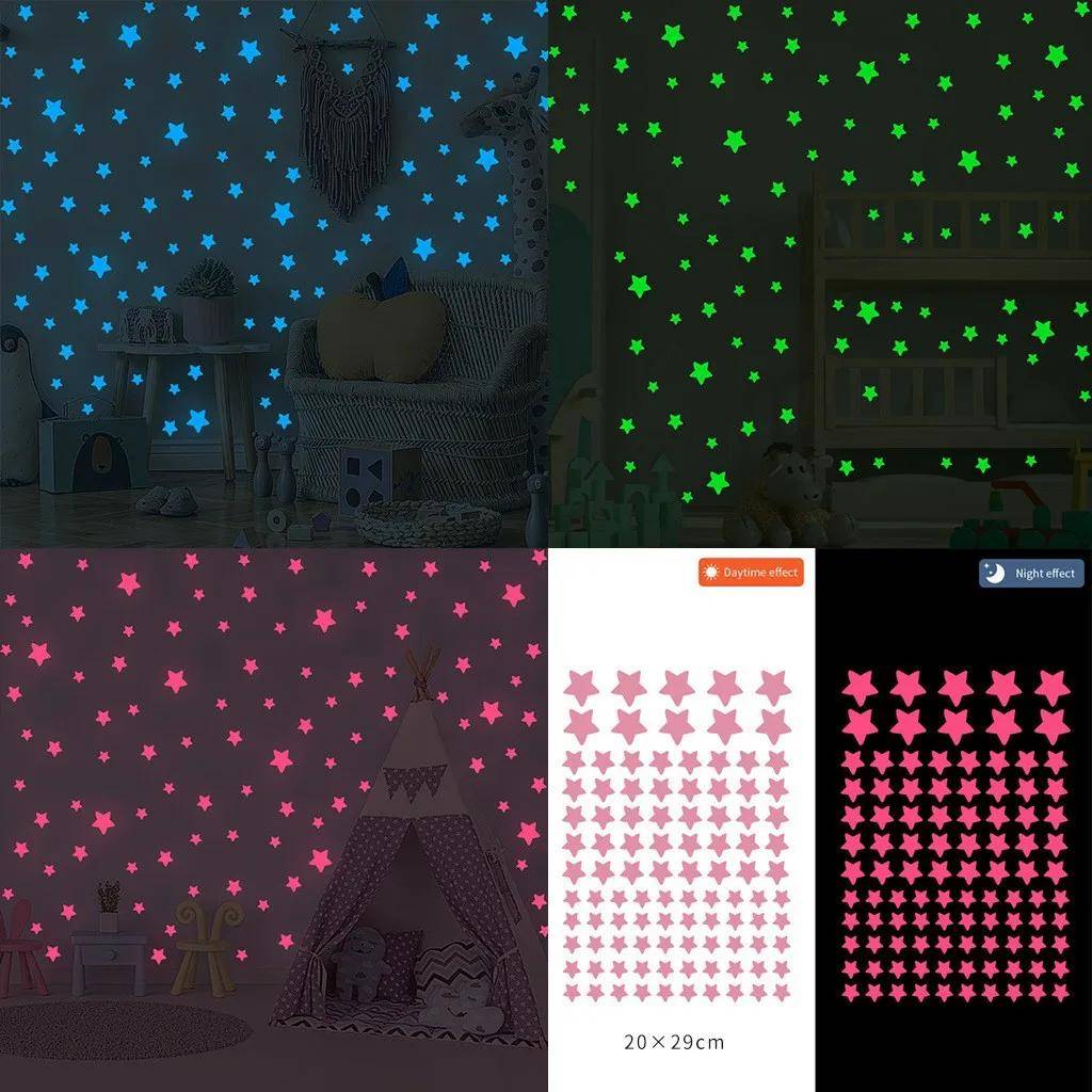 100 st Självlysande Väggdekaler Lyser i Mörkret Stjärnor Klistermärken Dekaler för Barn Babyrum Färgstarka Fluorescerande Klistermärken Heminredning h