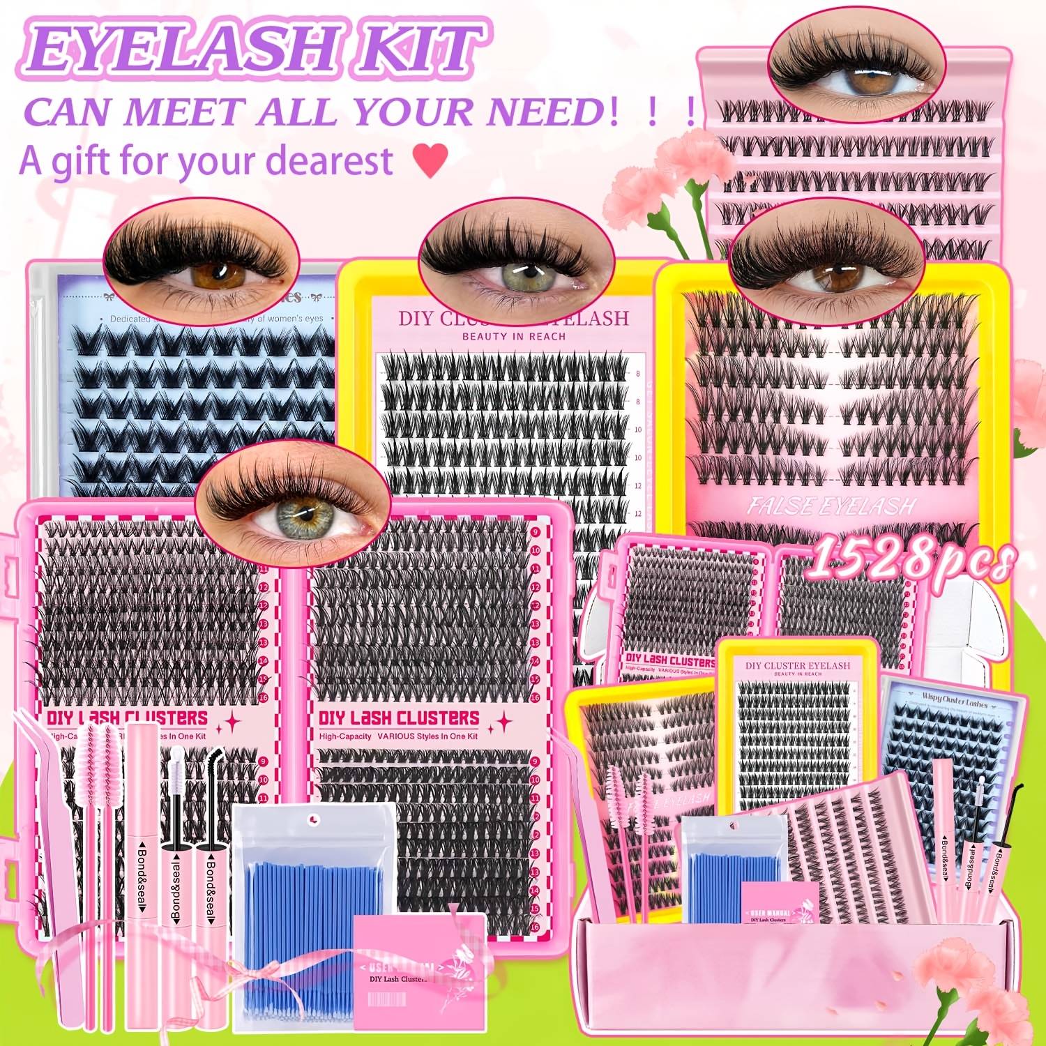 1528pcs Lash Clusters Kit Eyelash Extensions Kit For Beginners, Individual Lashes Clusters With Lash And Seal, Tweezers, Lash Brush, Complete Eyelash Kit At Home