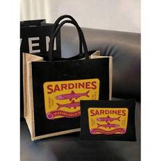 Multi Functional Handbag And Cosmetic Bags With Retro Sardines Print, Black Linen Coin Purse,Shopping Bag,Tote Bag - Black - Big Bag + Small Bag,Large Bag (excluding Small Bag),Small Bag (excluding Large Bag)