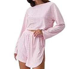 Tufkiss Pyjamas för Kvinnor Set, Rund Hals Långärmad Sexig Shorts Casual Nattkläder Set Sleepwear Set, Rosa, XL