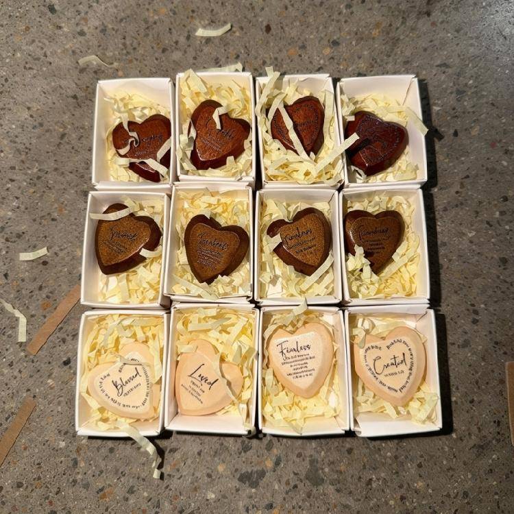 12-Piece Bible Message Heart Set with Images and Faith Sayings on One Face of Each Wooden Item for Giving, Carrying, or Home Display
