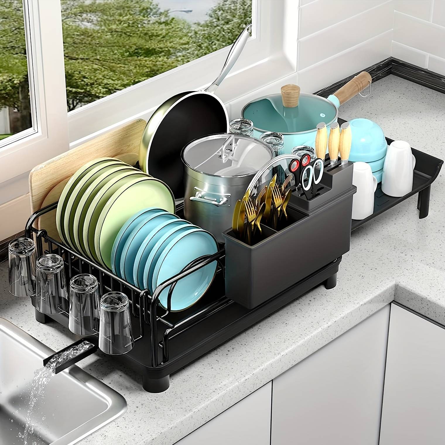 Extendable Dish Rack, Large Dish Drying Rack Multifunctional Dish Rack For Kitchen Counter, Anti-rust Drying Dish Rack With Cutlery & Cup Holders
