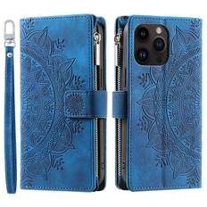 Etui til iPhone 15Promax blå Multi-kort lynlåstaske Mandala 3D Præget Tegnebog med Kortholder