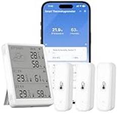 Comboss WiFi-hygrometer termometer sensor, temperatur och fuktighet via app, 100 m räckvidd, kompatibel med Alexa (3 sensorer basstation)