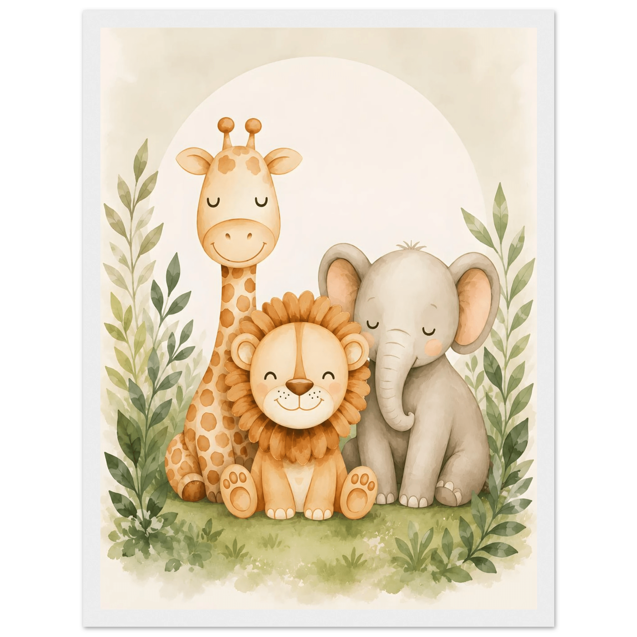 Lejon, elefant giraff poster-30x40 cm / 12x16″ / Med ram / Vit
