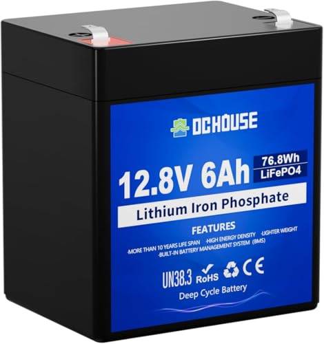 DCHOUSE 12V 6Ah LiFePO4 uppladdningsbart litiumbatteri med 3000+ djupa cykler och BMS-skydd för solsystem, fisksökare, barnvagn, båt, solpanelssats, husbil, camping