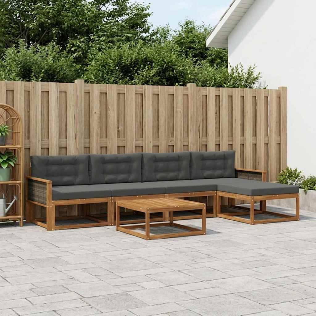 Udendørs Sofagruppe 6 Dele Massivt Akacietræ - Naturlig og antracit / Grå rattan