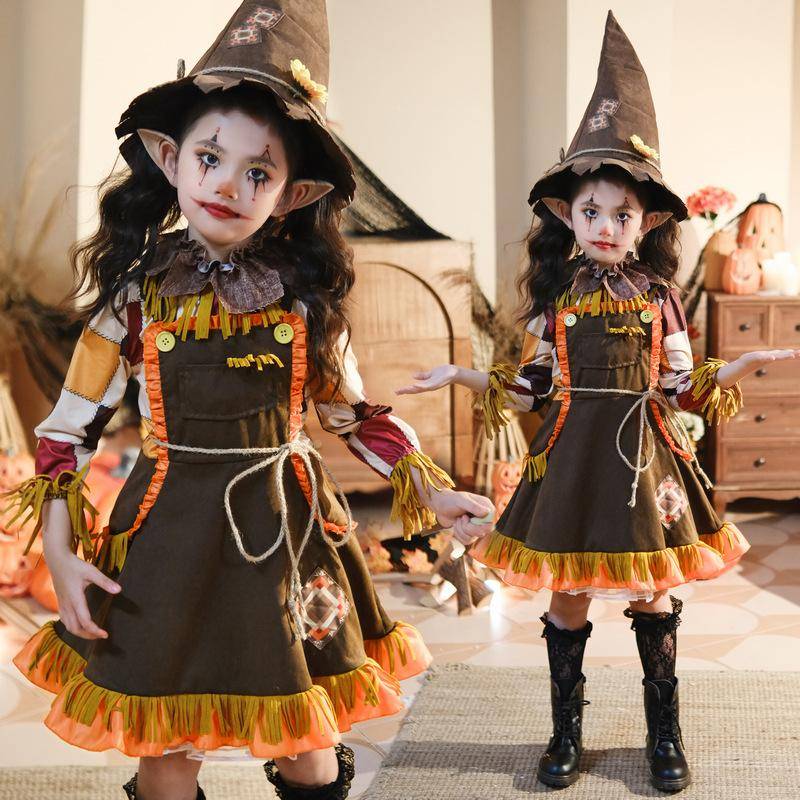 Girls Scarecrow Halloween Costume Dress with Hat and Accessories Polyester 130cm