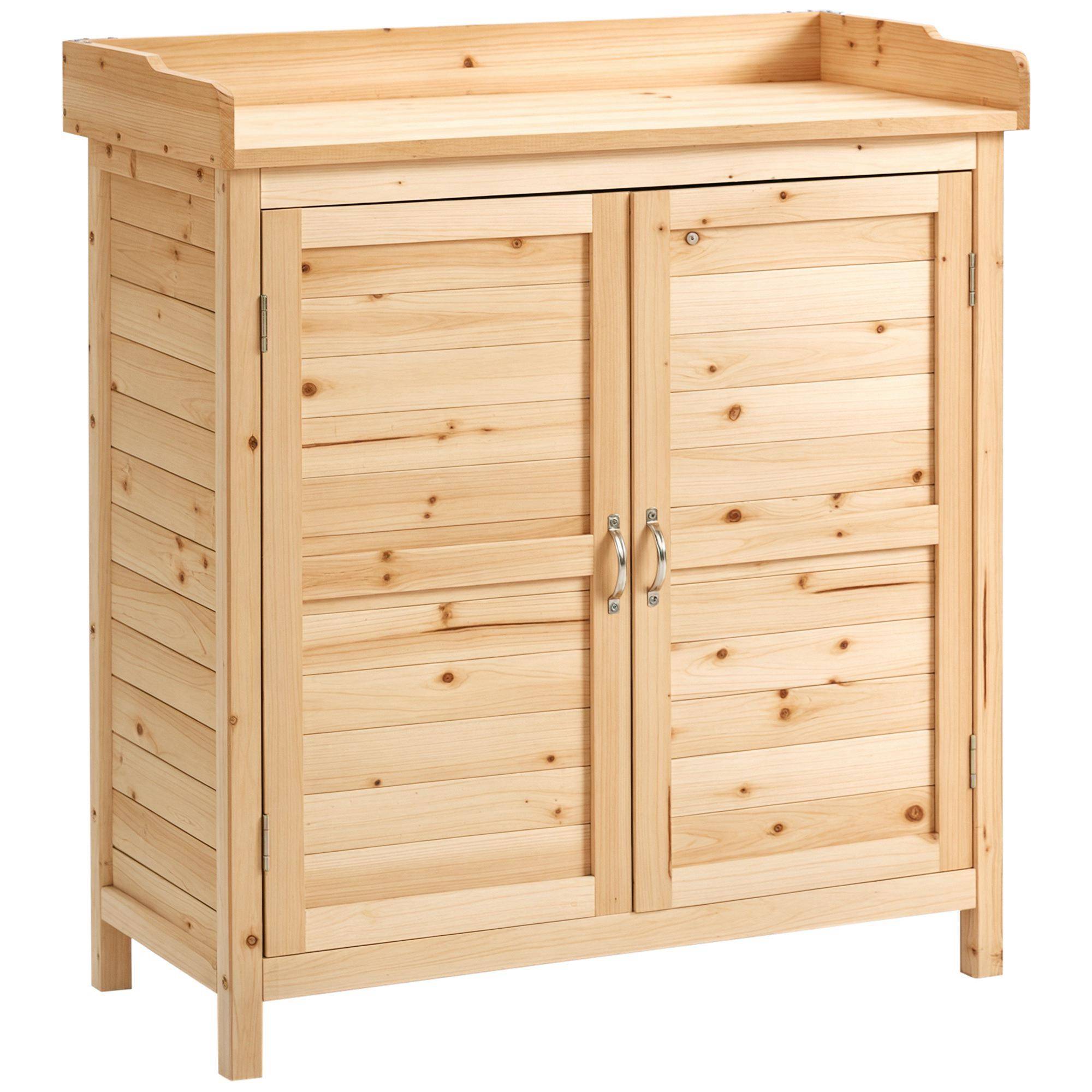 Outsunny trädgårdsskjul/verktygsskåp med dubbeldörrar och innerhylla, massivt, föroljat granträ, mått: 83L x 40B x 92H cm, naturfärgad