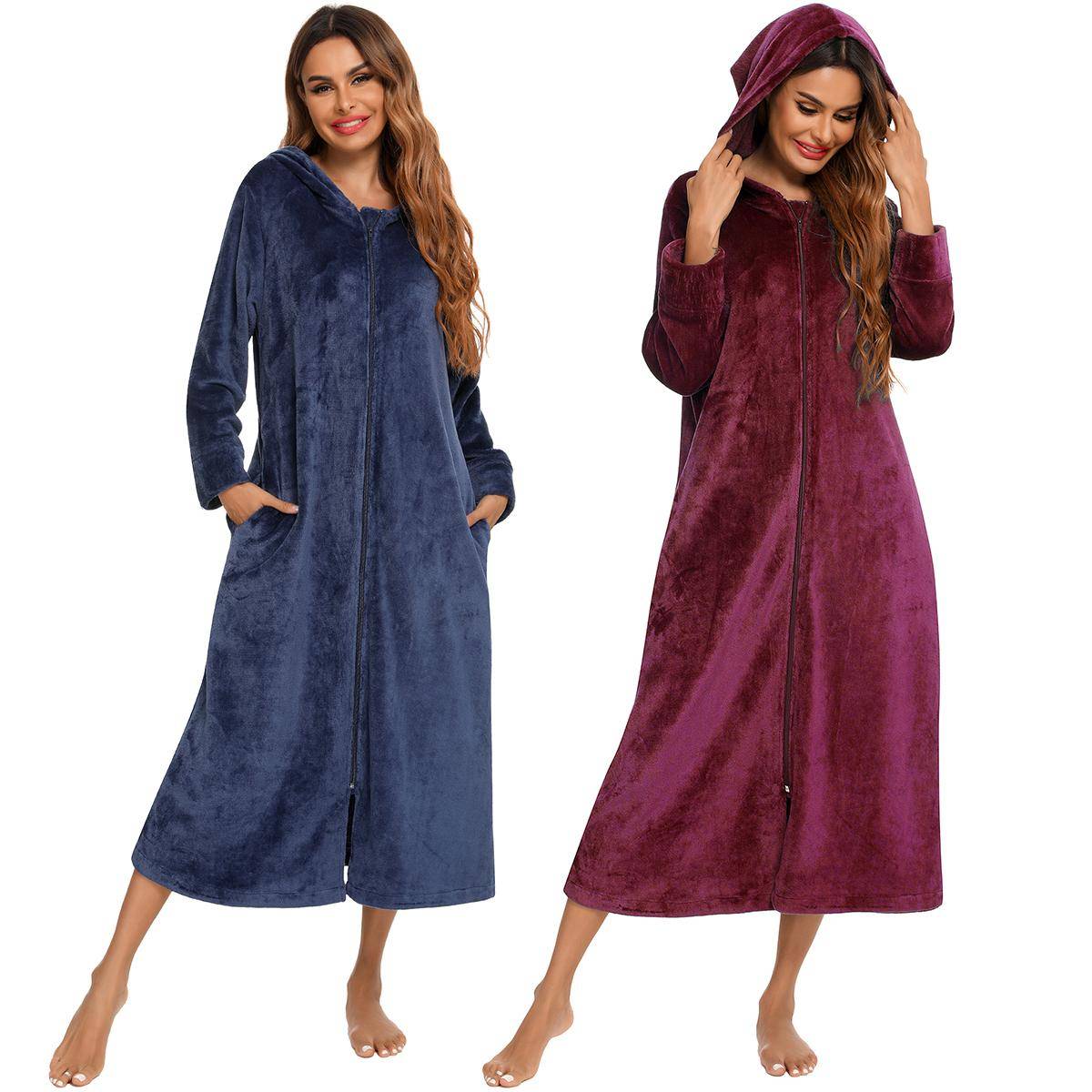 Kvinnors Zip Up Plysch Fleecerock Huva Varm Lång Morgonrock Morgonrock Vinter Mysig Dragkedja Solstol Sovkläder Husrock Loungewear Nattlinne cm violet