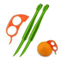 IOSPKKIO® 3 stycken premium apelsinskalare av plast, fruktskalningsverktyg, 2 olika former, mus och långt handtag, för enkel och bekväm skalning (grön och orange)