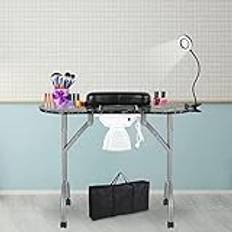 LEIBOU 88 cm L bärbar och vikbar ventilerad skönhetsmanikyr bord nagel tekniker skrivbord arbetsstation salong spa med förstoringsglas USB LED-lampa, fläktdammsamlare, svamp, bärväska (svart blomma)