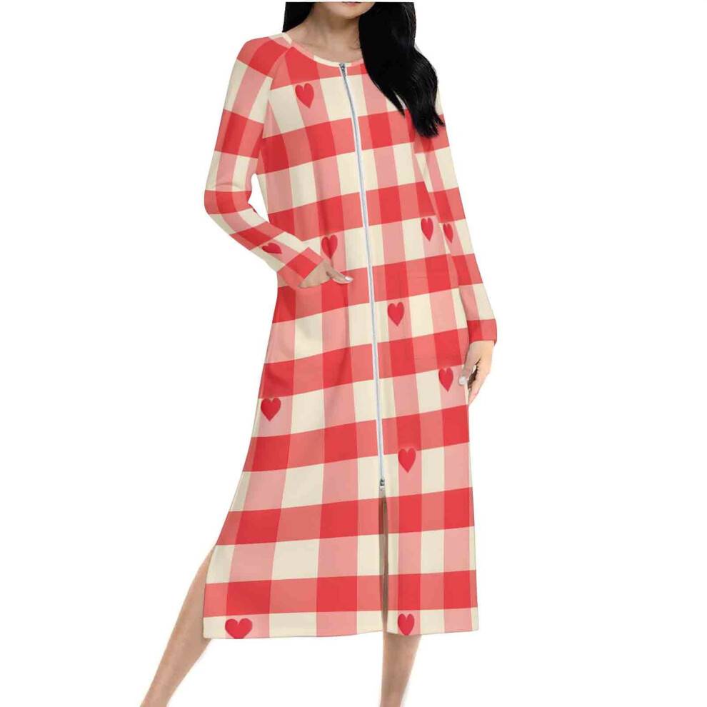Dame julenatkjole med ternet stoffet mønster og lommer, lynlås, lange ærmer, løs kåbe – S-2XL, flere farver