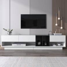 Modernt TV-skåp, TV-bänk i hög glans, TV-skåp, TV-bord med 3 lådor, 2 fack och flera förvaringsutrymmen, 190 cm långt, för vardagsrum, färgblockerande design (vit + svart)