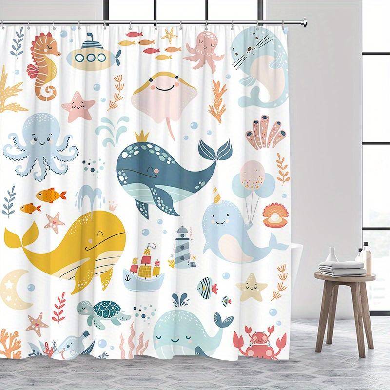 Duschdraperi Undervatten 180x180 cm – Leksamma Havsdjur för Barnens Badrum, Nyckfull Akvatisk Dekor, 12 Krokar