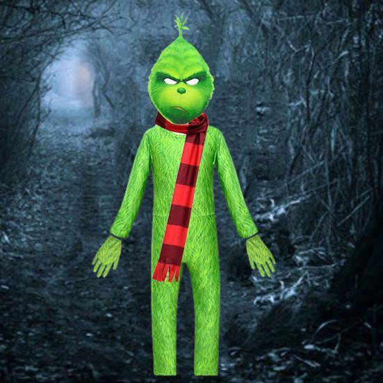 1 uppsättning Halloween Jumpsuit för barn Grön pälsdjur Cosplay-kostym inkluderar maskhandskar Scarfset Fotorekvisita Performance-kläder 130cm green