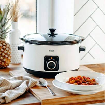 Slow cooker, Crock Pot, elektrisk slow cooker – 5,8 l kapacitet (10 portioner), avtagbar keramikskål, 3 effektlägen, diskmaskinssäker, 290 W, vit