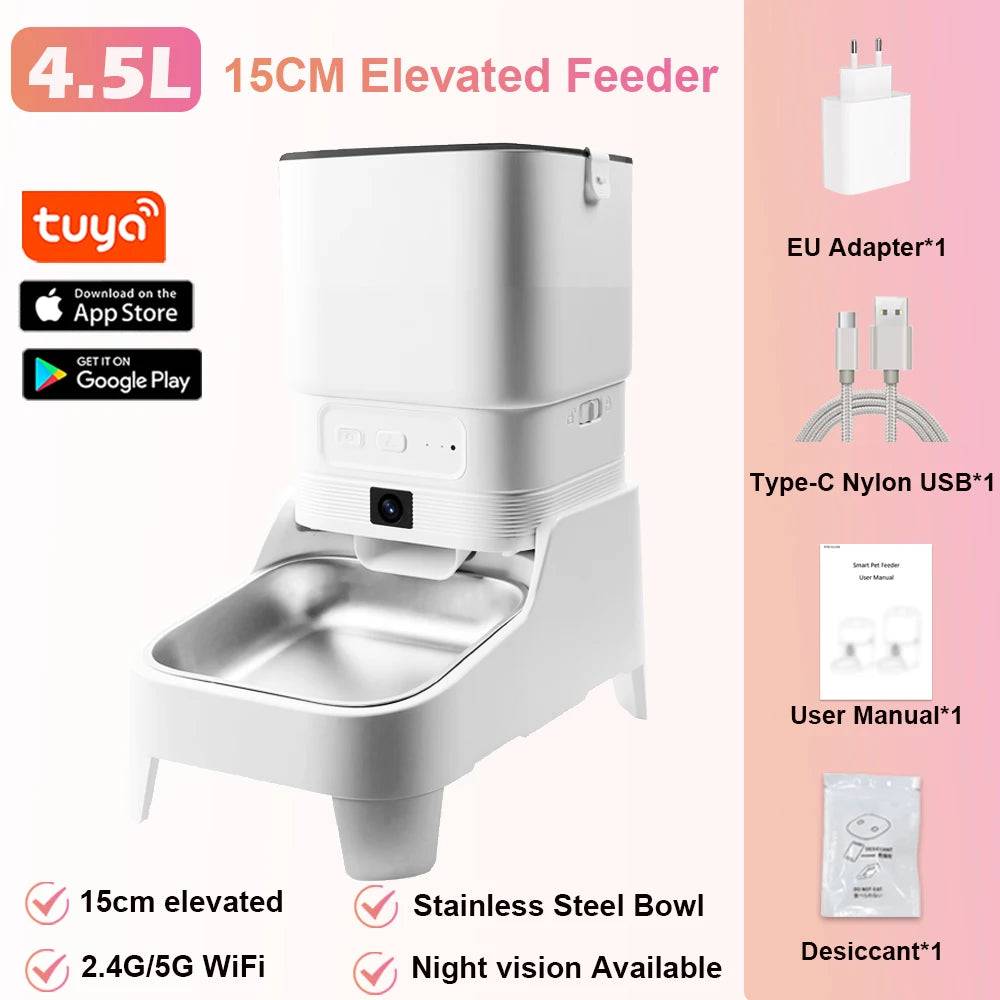 4.5L Elevated Smart Pet Feeder — 15cm Raised Stand, 1080P Camera or Key Control for Cats & Dogs - 1080P Cam TUYA App / 4.5L / 15cm elevated (4.5L)