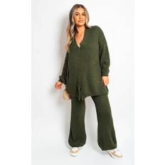 Chunky Knitted Button Up Cardigan Wide Leg Trousers Co-ord Set - S/M / Khaki