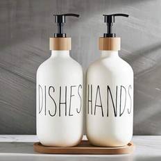 2 st/set 500 ml vit PET diskmedel handtvål flaska kök tvålpump med trä/plastpump, tomma lotionflaskor med träbricka, påfyllningsbar flaska för badrums - Vitt (En-Storlek,Plastpump/vit H+vit D+träpall)