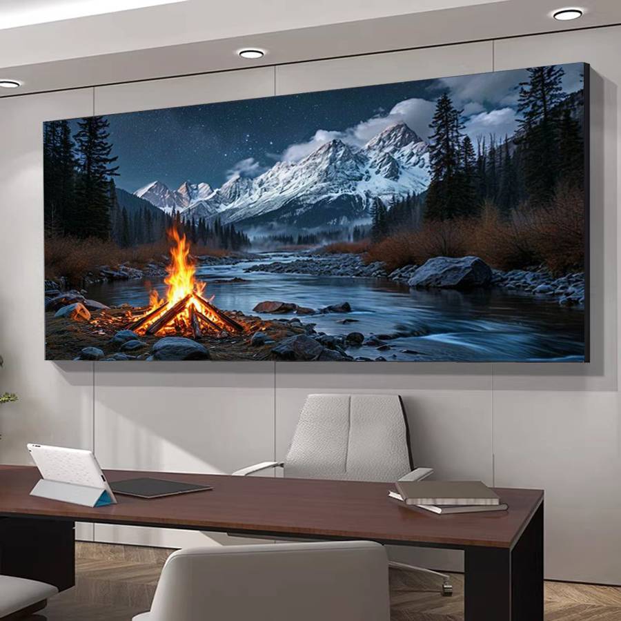 Snow Mountain River Bonfire Landscape Large Size Diy Diamond Arts Painting Kits Scenery Full Drill Mosaic Embroidery Picture