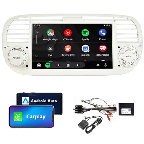 7" Android Car Stereo Multimedia Player Compatible for FIAT 500 2007-2014 med trådlös Carplay Android Auto Mirror Link GPS Sat Nav WiFi BT USB SWC RCA FM RDS Vit