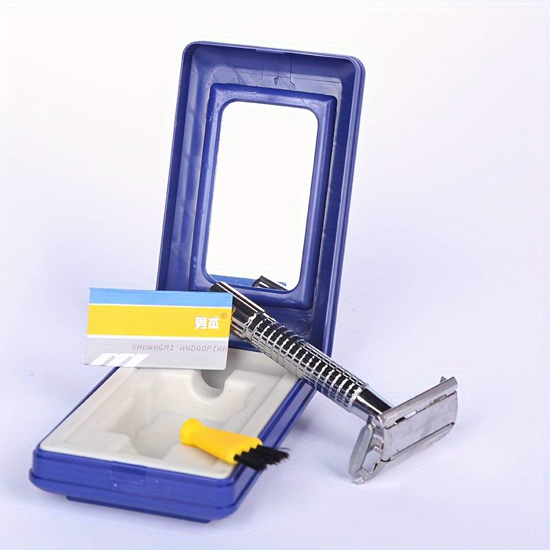 TEMU Vintage-style Double-bladed Manual Razor With Stainless Steel Safety Blade And Textured Metal Handle - Including A Blue Travel Case, Perfect For Men's And Women's Shaving