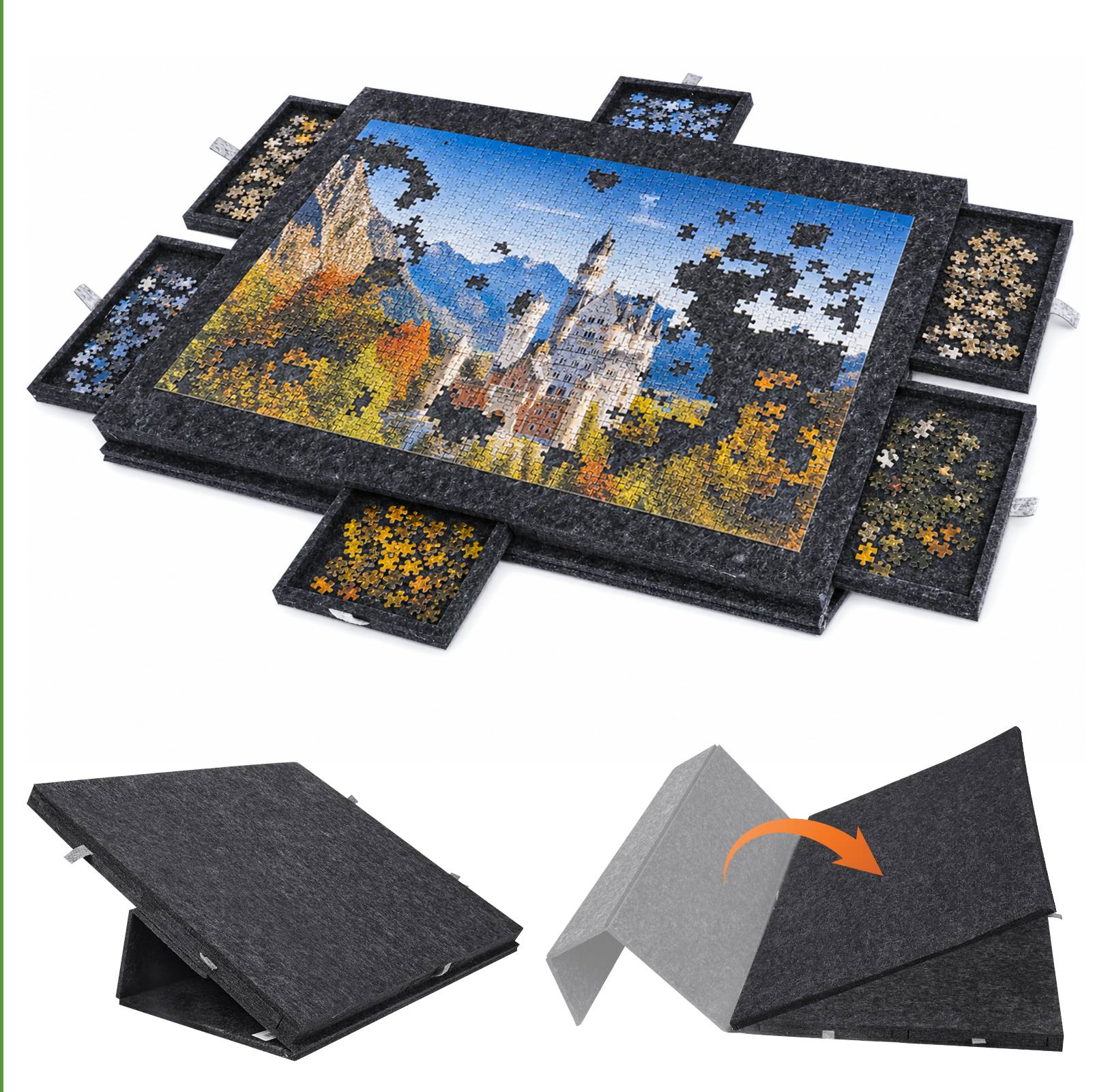 1000PCS Felt Puzzle Board with Stand & Protective Cover – Lightweight 2-in-1 Portable Jigsaw Table, 6 Sorting Drawers, Ideal Gift for Puzzle Enthusiast