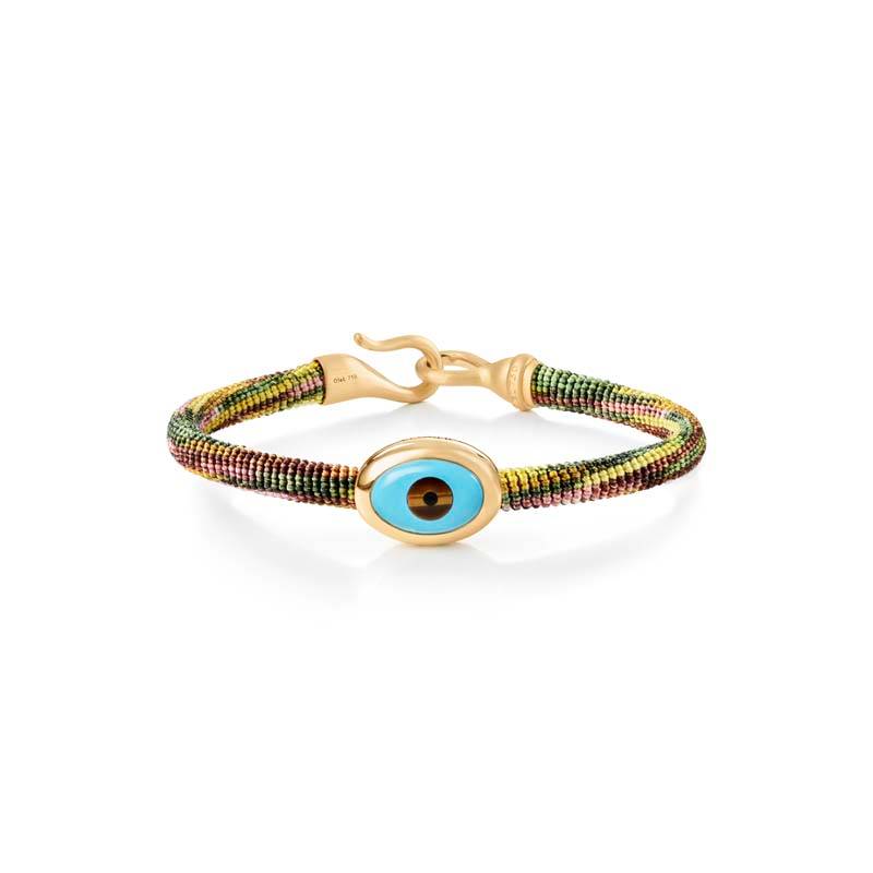 OLE LYNGGAARD COPENHAGEN Life armbånd, håndknyttet reb, Plum. Evil Eye fatning i 18 karat rødguld, 6 mm