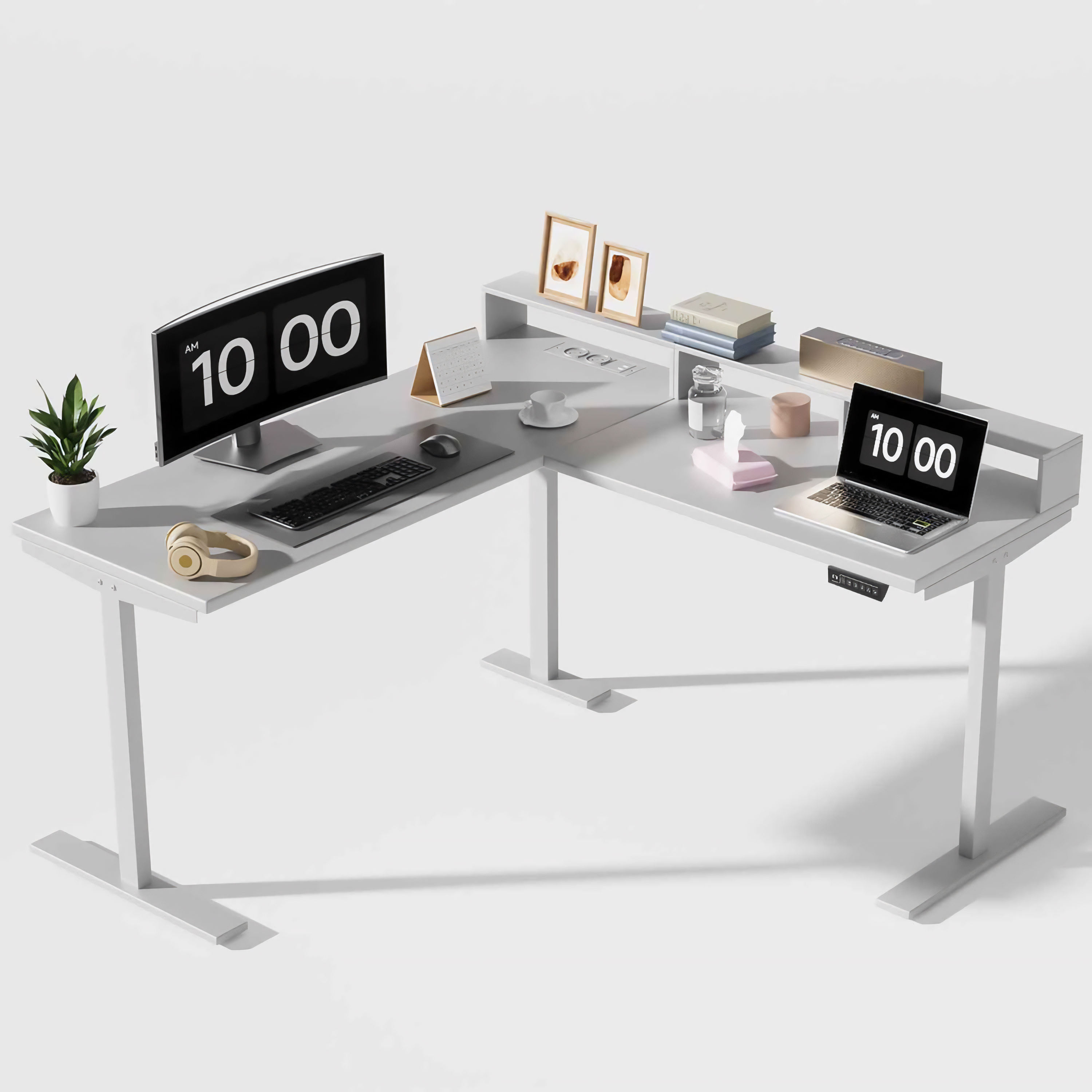 L-Shaped Corner Desk, Dimensions 160 X 140 Cm, Made of Durable Spcc Steel, Height Adjustable, with a Large L-Shaped Work Surface and Practical Accessories for Home, Office, and Gaming Work Areas.