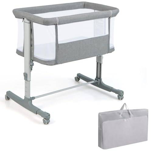 COSTWAY 3-i-1 sidobädd, resebädd baby med madrass, babysäng & babyvagga & barnsäng, 5-stegs höjdjusterbar och lutningsbar, barnvagn med bärväska upp till 9 kg belastning (ljusgrå)