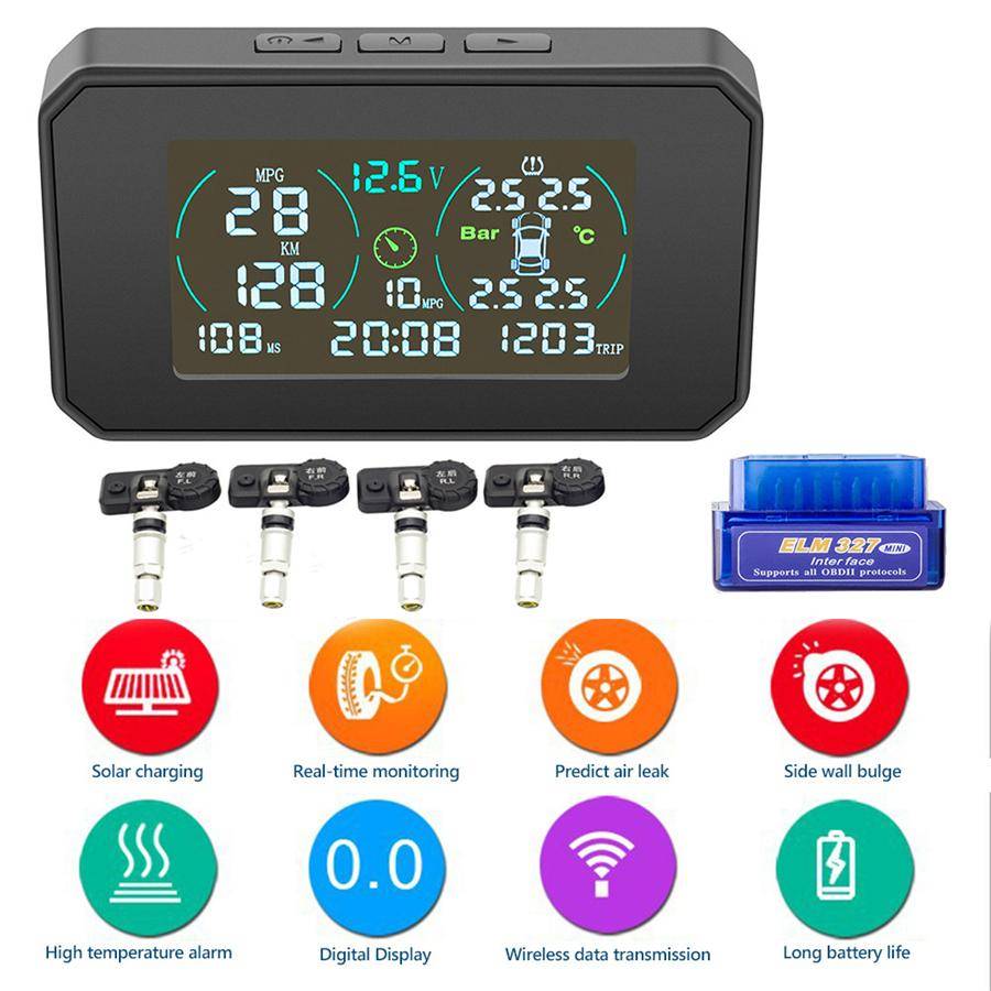 Trådlös bil-TPMS OBD2 HUD Solenergi USB Däcktrycksövervakning 4 interna sensorer hastighet/MPG
