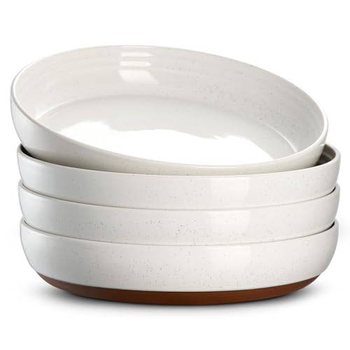 DOWAN Stor pastaskålar, set med 100 cm (4–9,75 tum) Shallow and Wide Pasta-plattor, stenware Deep Bowl Set, Microwave, Oven, Diskmaskin, Diskbänk för kök, Vanilj Vit