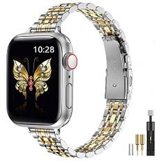 MioHHR Slim Band kompatibel mit Apple Watch Armband 38 mm 40 mm 41 mm, dünnes Edelstahl-Metallkettenband für Damen iWatch Bands Serie 8 7 6 5 4 3 2 1 SE, Silber/Gold